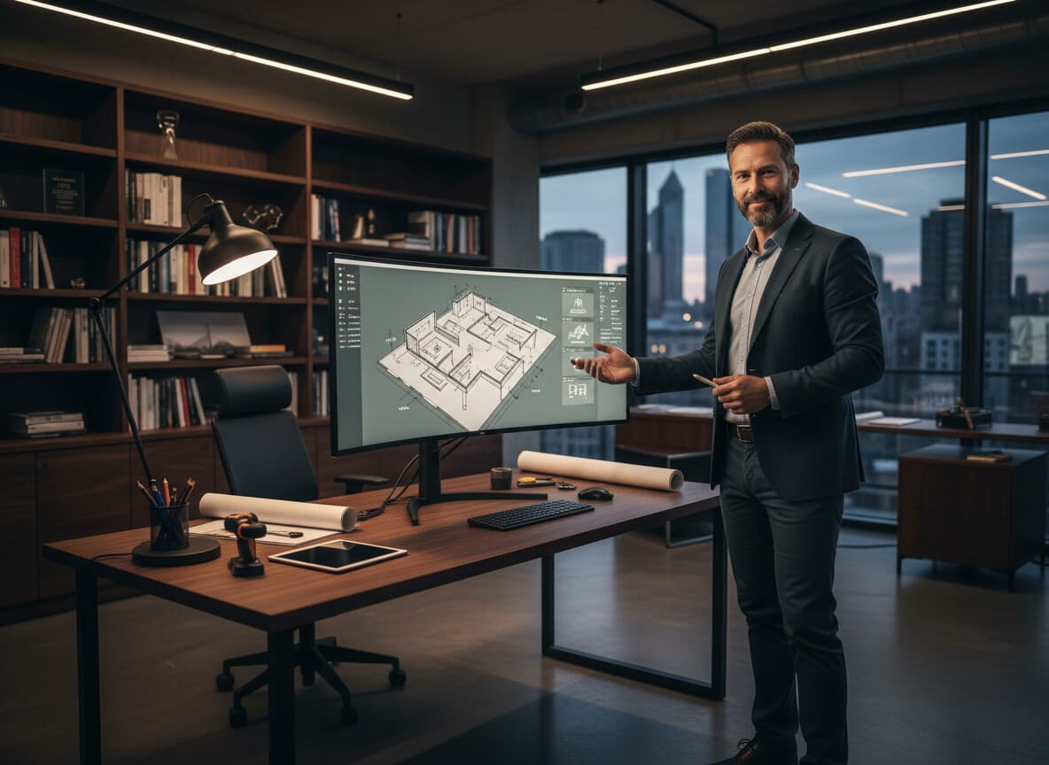 Successful contractor in modern office reviewing renovation plans