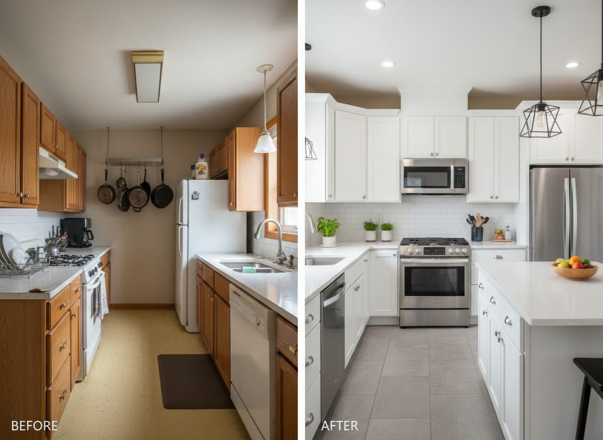 Before and after home renovation side by side